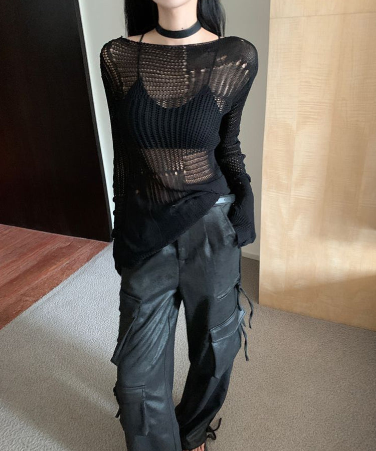エスイーユー SEU ロングスリーブメッシュニットトップス シアートップス （ブラック） ブラック