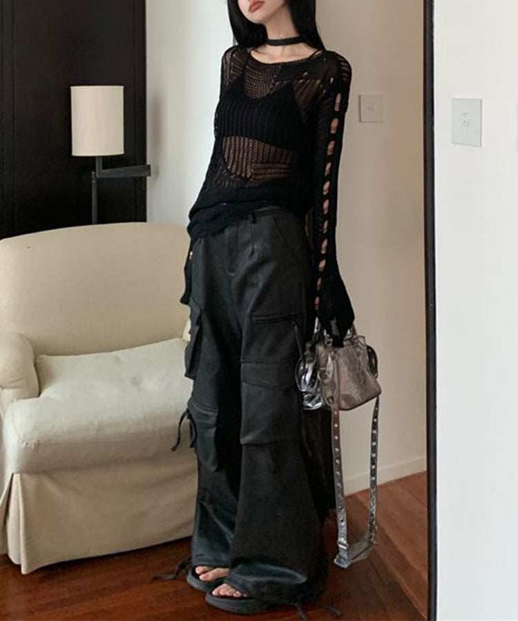 エスイーユー SEU ロングスリーブメッシュニットトップス シアートップス （ブラック） ブラック