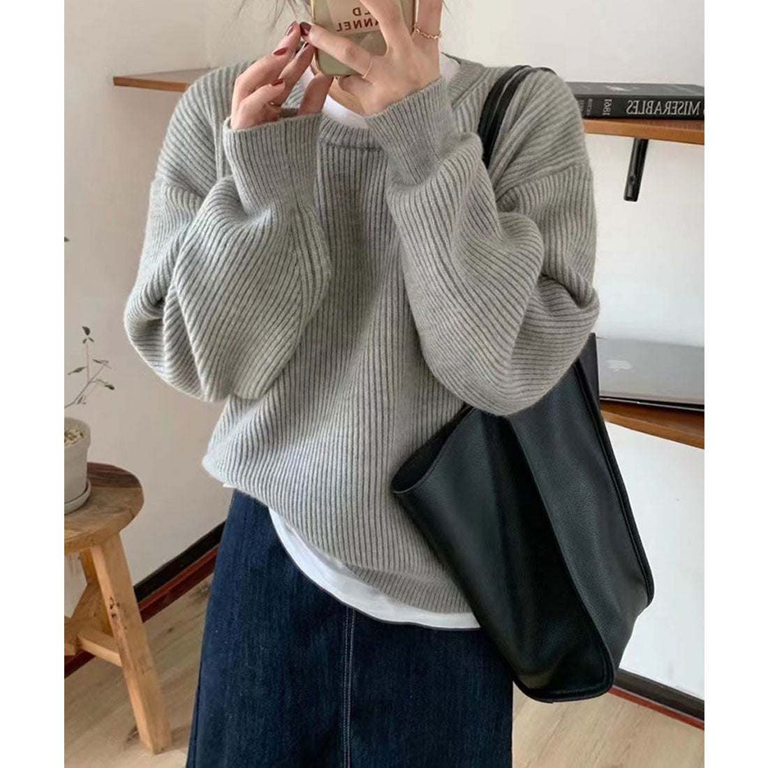 エスイーユー SEU アイレット編みリブニットトップス ゆったり オフィスカジュアル クルーネック 韓国ファッション