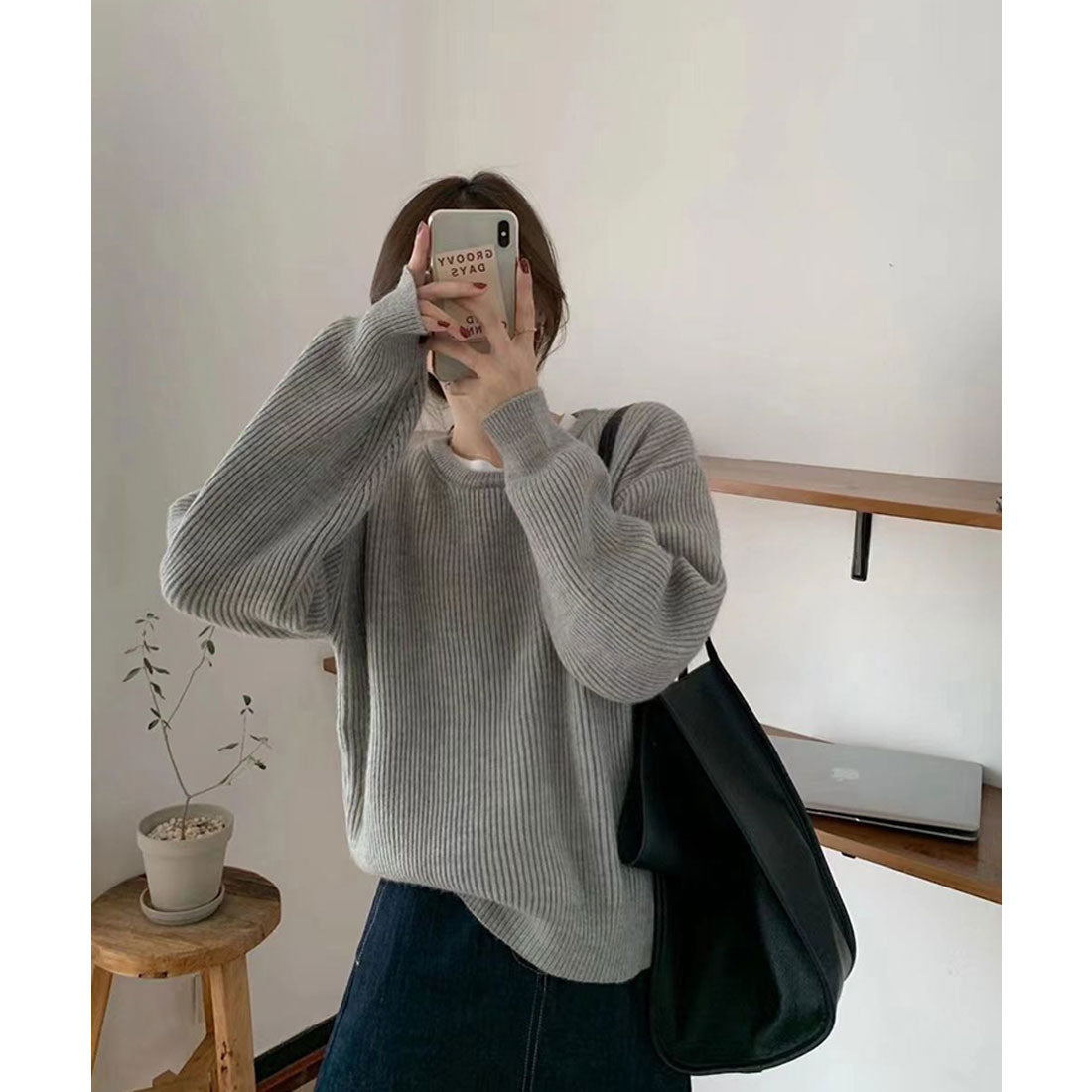 エスイーユー SEU アイレット編みリブニットトップス ゆったり オフィスカジュアル クルーネック 韓国ファッション