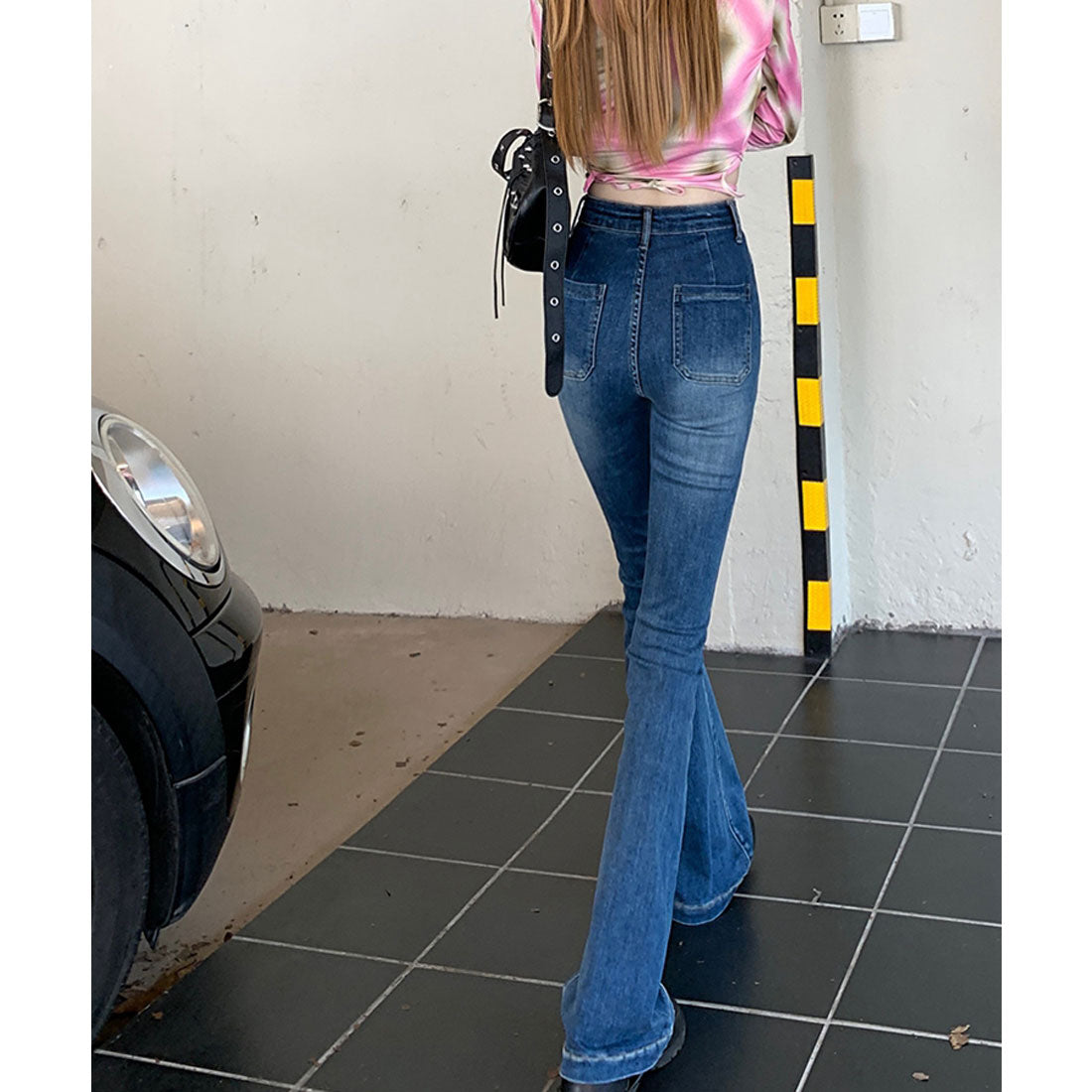 エスイーユー SEU パッチポケットセミフレアパンツ デニムパンツ フレアパンツ 脚長効果 細見え ジーンズ 韓国ファッション
