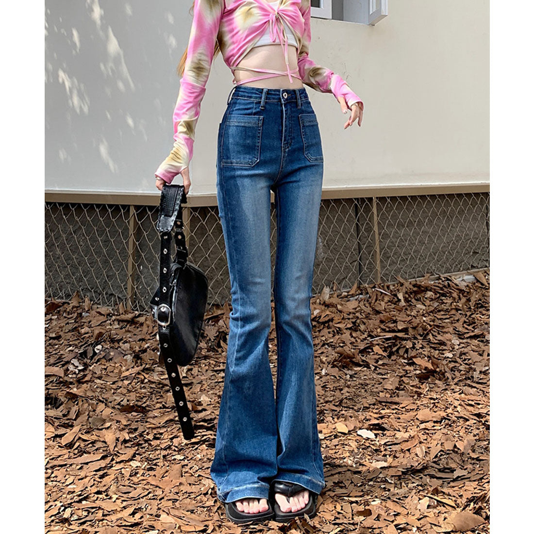 エスイーユー SEU パッチポケットセミフレアパンツ デニムパンツ フレアパンツ 脚長効果 細見え ジーンズ 韓国ファッション