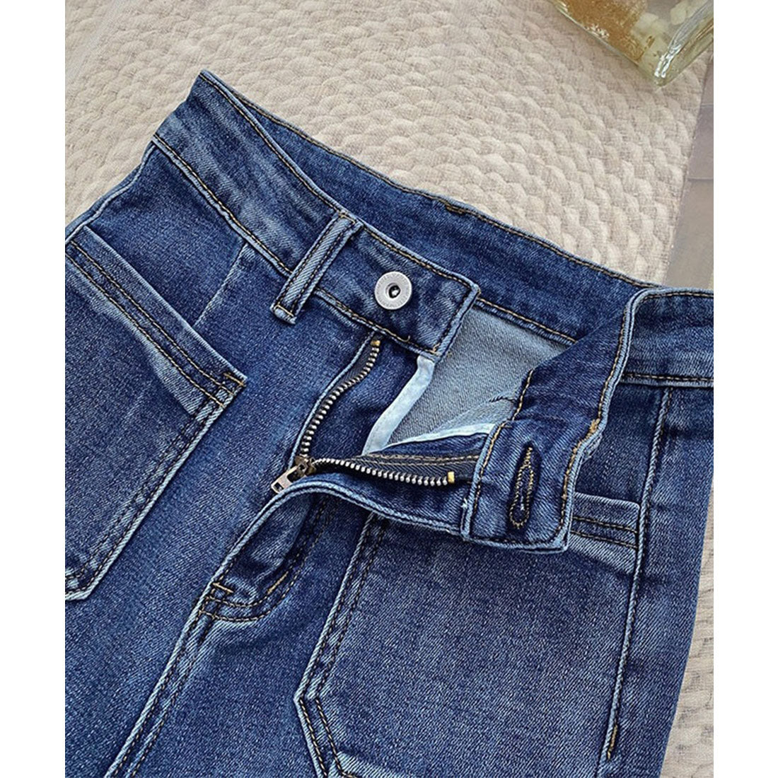 エスイーユー SEU パッチポケットセミフレアパンツ デニムパンツ フレアパンツ 脚長効果 細見え ジーンズ 韓国ファッション