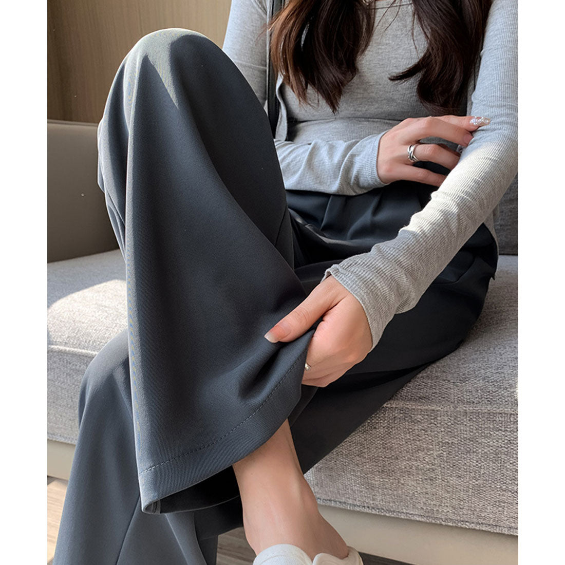 エスイーユー SEU セミワイドパンツ 脚長 楽ちん 後ろゴム 通勤通学 オフィスカジュアル ゆったり 体型カバー 韓国ファッション SEU
