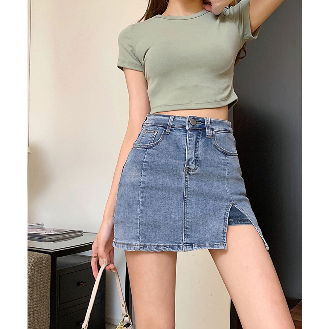 エスイーユー SEU サイドスリットデニムミニスカートパンツ スカート風 デニムショートパンツ ボトムス ミニスカート 脚長効果 韓国ファッション