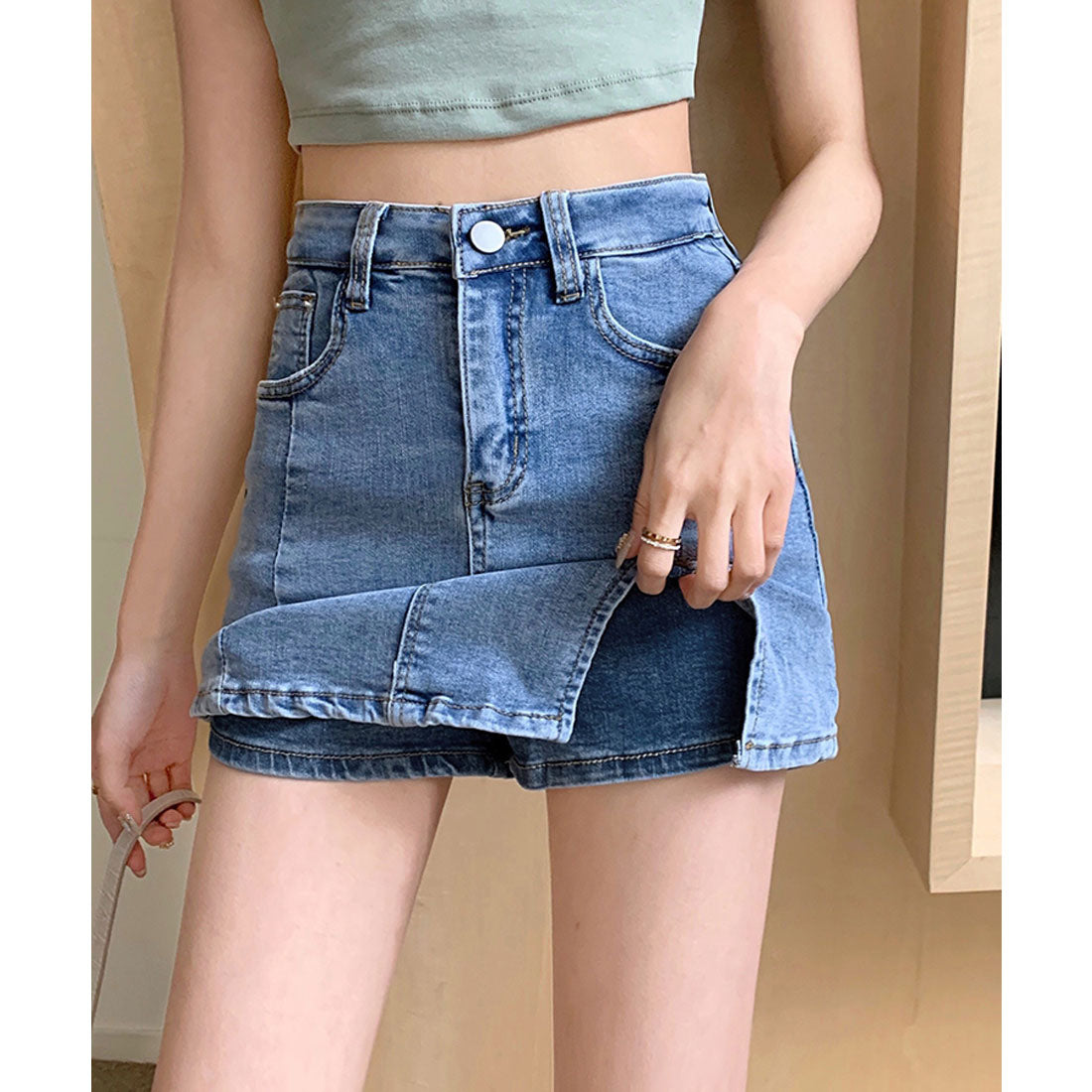 エスイーユー SEU サイドスリットデニムミニスカートパンツ スカート風 デニムショートパンツ ボトムス ミニスカート 脚長効果 韓国ファッション