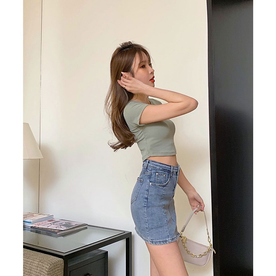 エスイーユー SEU サイドスリットデニムミニスカートパンツ スカート風 デニムショートパンツ ボトムス ミニスカート 脚長効果 韓国ファッション