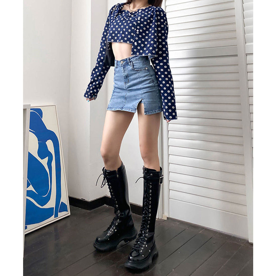 エスイーユー SEU サイドスリットデニムミニスカートパンツ スカート風 デニムショートパンツ ボトムス ミニスカート 脚長効果 韓国ファッション