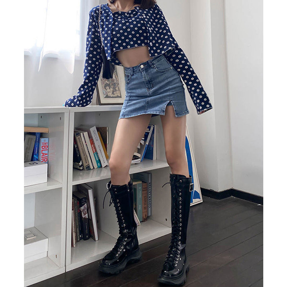 エスイーユー SEU サイドスリットデニムミニスカートパンツ スカート風 デニムショートパンツ ボトムス ミニスカート 脚長効果 韓国ファッション