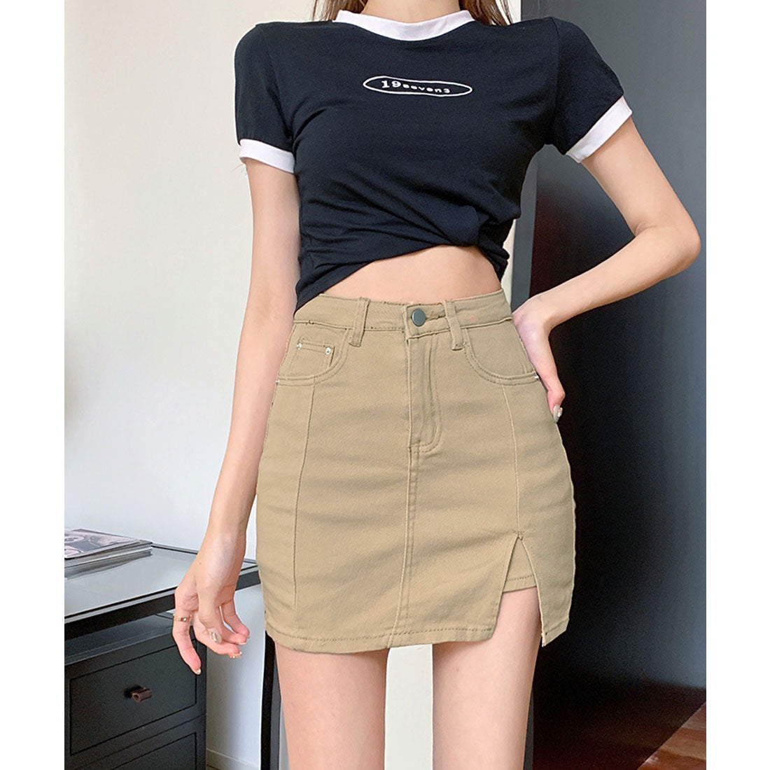 エスイーユー SEU サイドスリットデニムミニスカートパンツ スカート風 デニムショートパンツ ボトムス ミニスカート 脚長効果 韓国ファッション