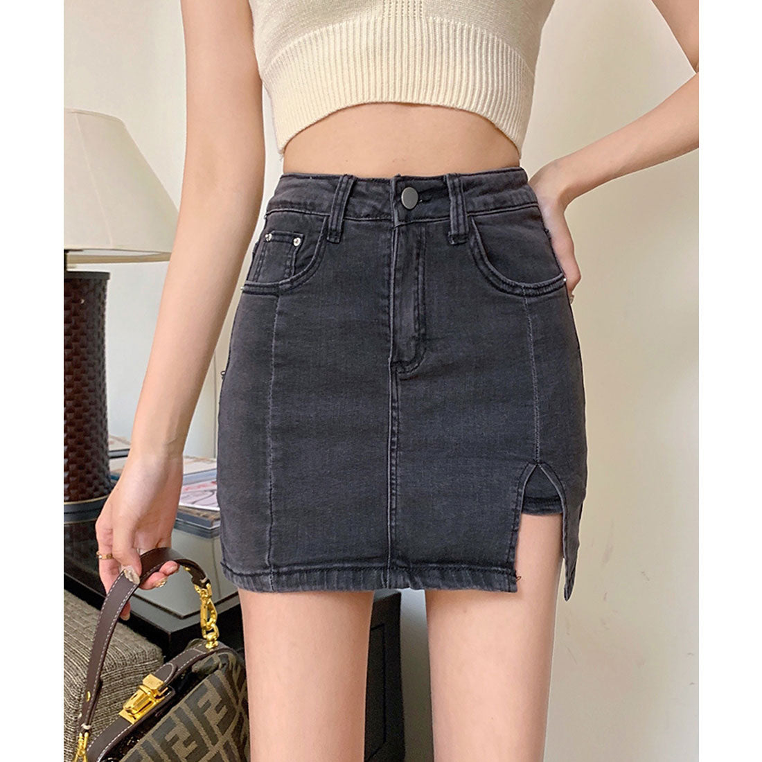エスイーユー SEU サイドスリットデニムミニスカートパンツ スカート風 デニムショートパンツ ボトムス ミニスカート 脚長効果 韓国ファッション