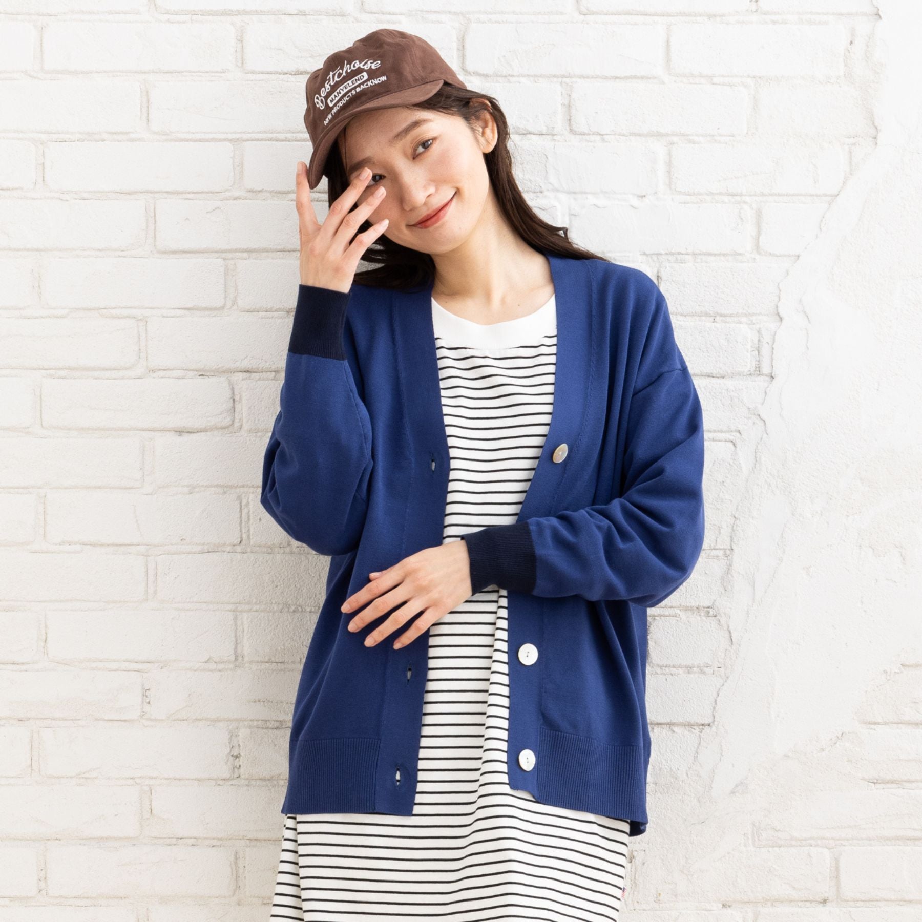 FONTLAB 袖口配色Vカーディガン （ブルー） ブルー