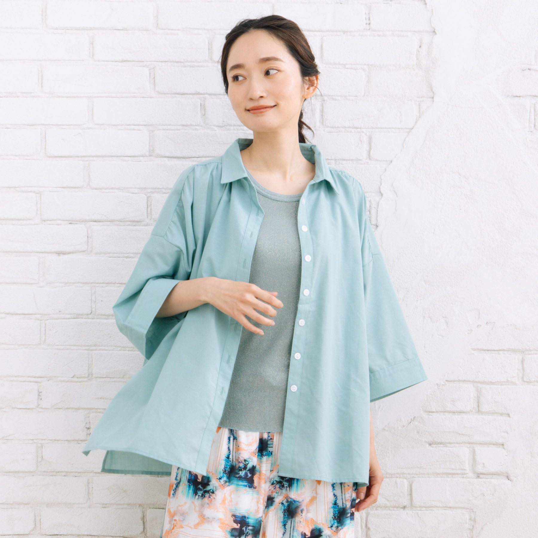 サブストリート マイスタンダード sabstreet my standard 【sabstreet bis】【web限定】15号(3L) 【接触冷感】スキッパーゆるシャツ （ライトグリーン） ライトグリーン