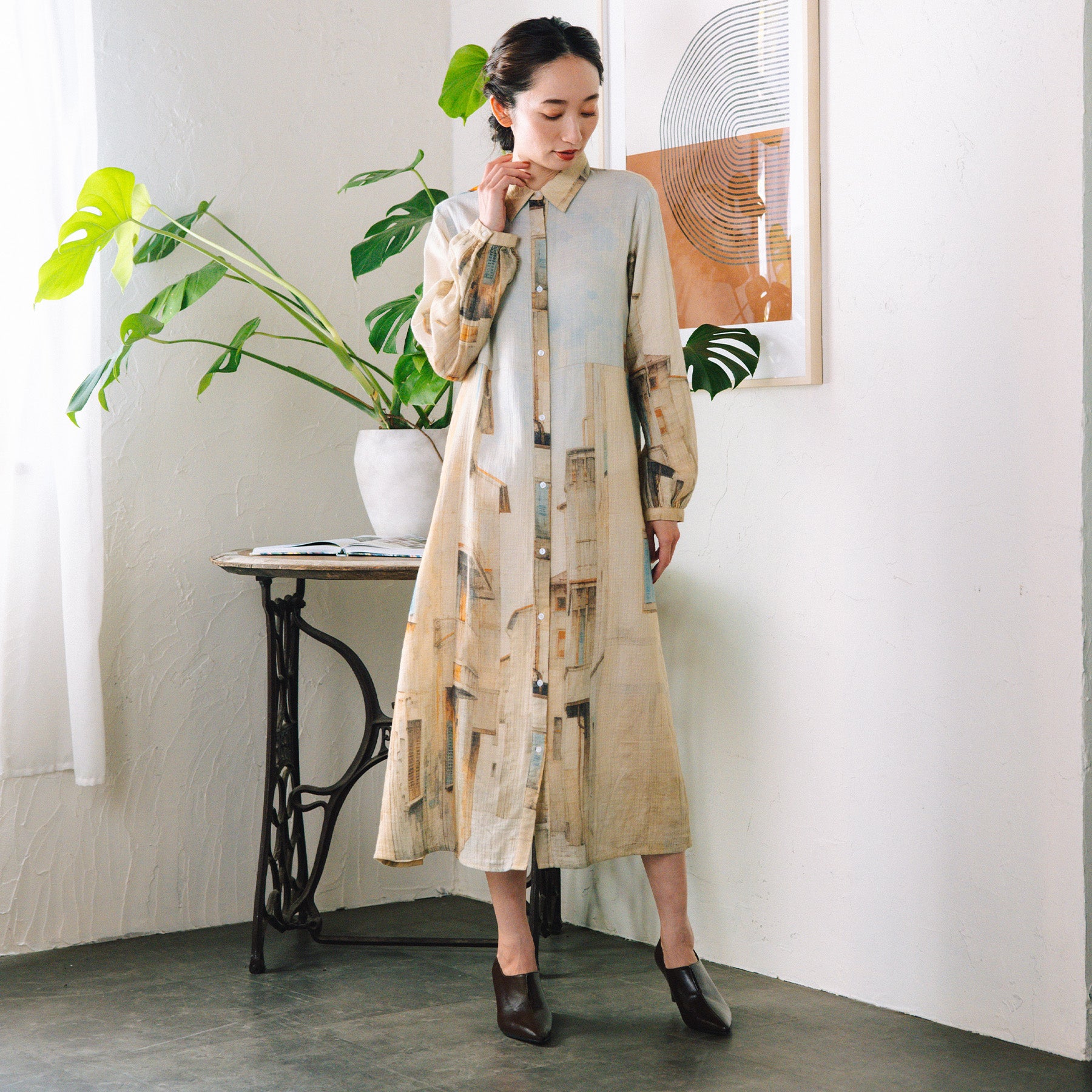 サブストリート マイスタンダード sabstreet my standard 9号・15号(M・3L) INDESIGN シティスケープコラージュプリントワンピース （ベージュ） ベージュ