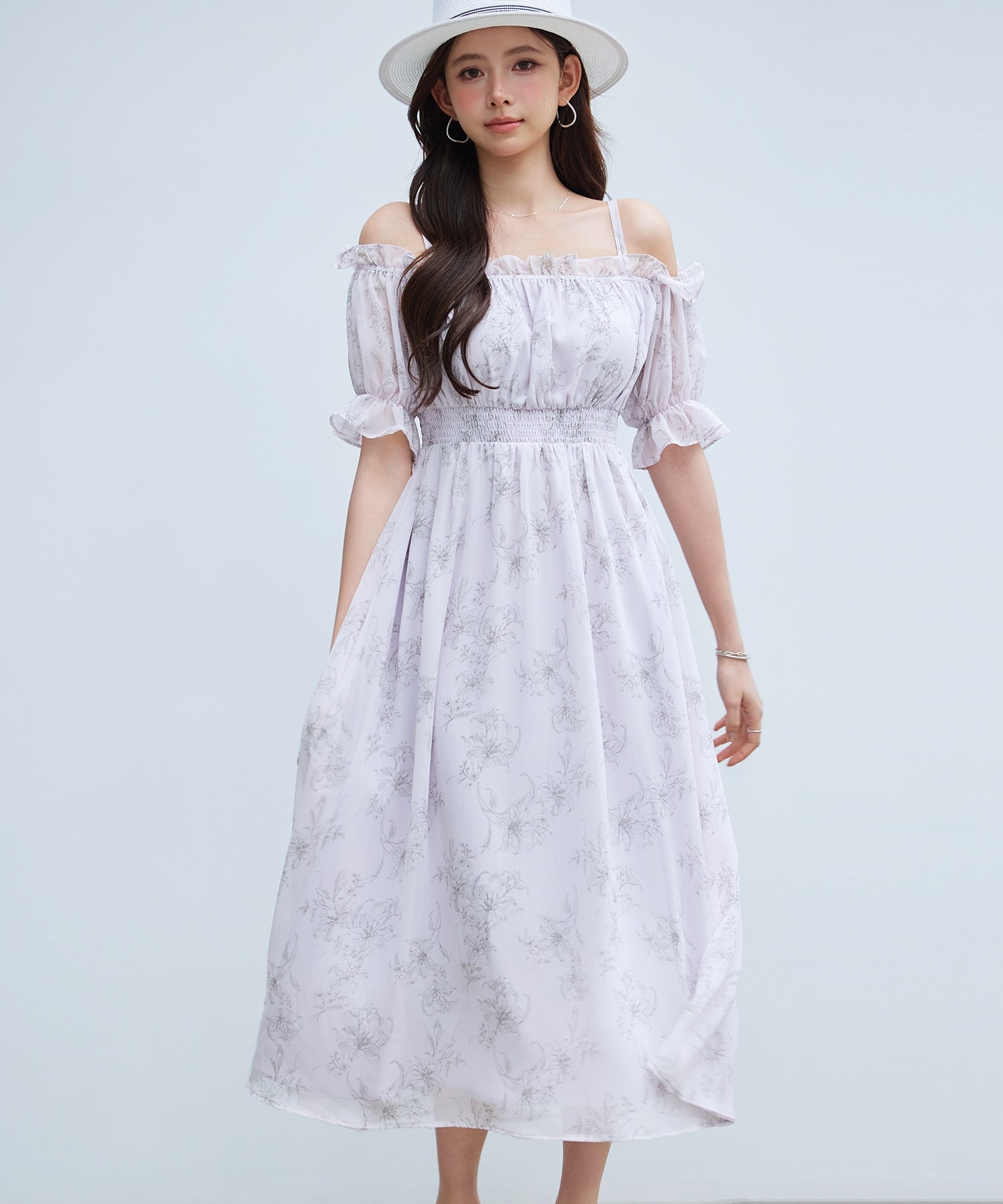 セゾンドパピヨン SAISON DE PAPILLON オフショルダー花柄シフォンワンピース （ラベンダー） ラベンダー