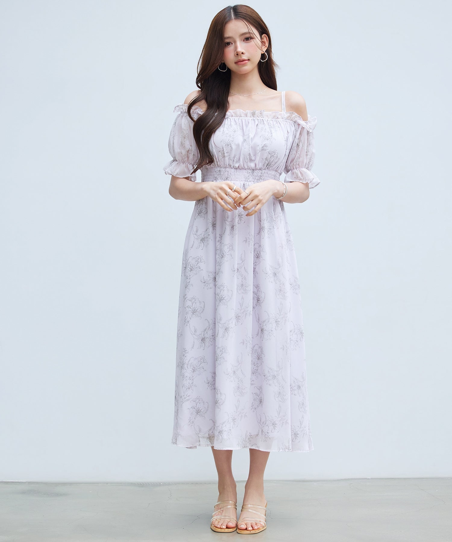 セゾンドパピヨン SAISON DE PAPILLON オフショルダー花柄シフォンワンピース （ラベンダー） ラベンダー
