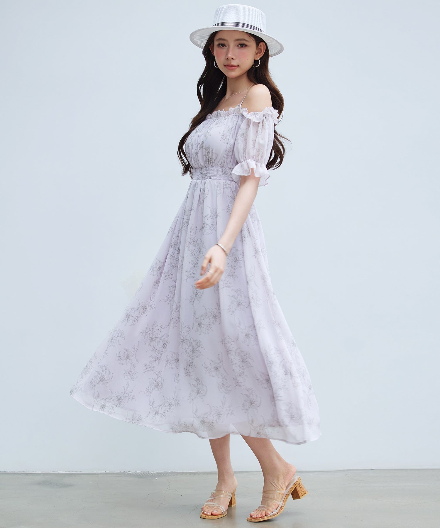 セゾンドパピヨン SAISON DE PAPILLON オフショルダー花柄シフォンワンピース （ラベンダー） ラベンダー