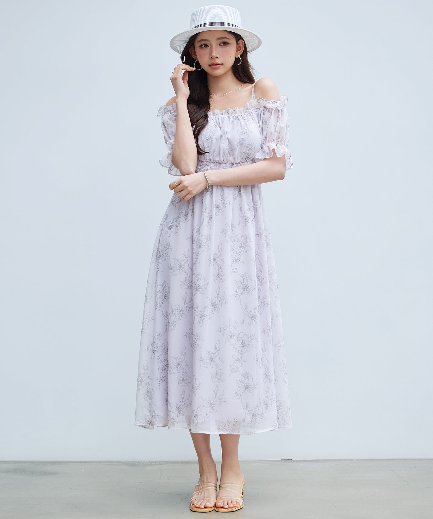 セゾンドパピヨン SAISON DE PAPILLON オフショルダー花柄シフォンワンピース （ラベンダー） ラベンダー