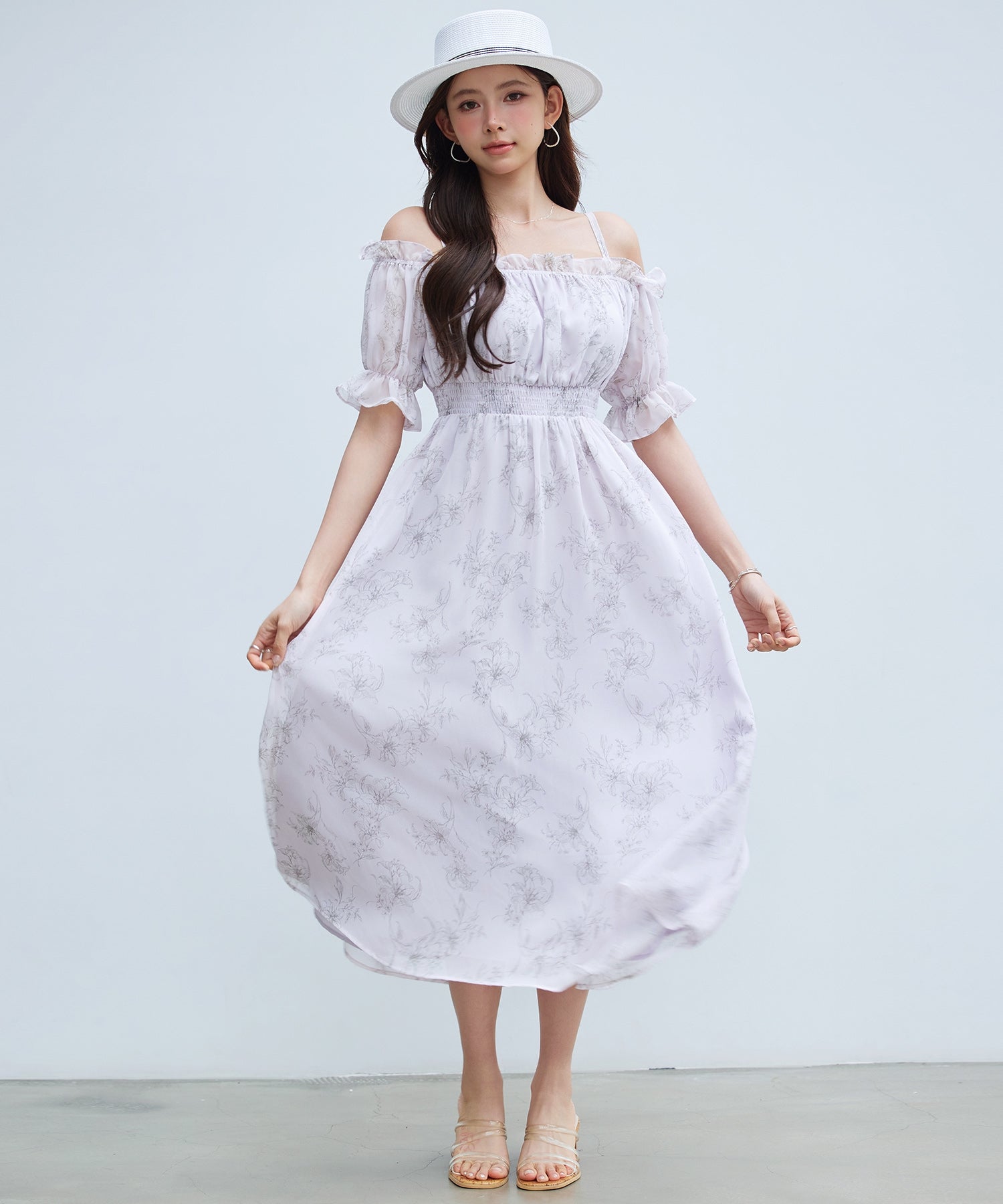 セゾンドパピヨン SAISON DE PAPILLON オフショルダー花柄シフォンワンピース （ラベンダー） ラベンダー