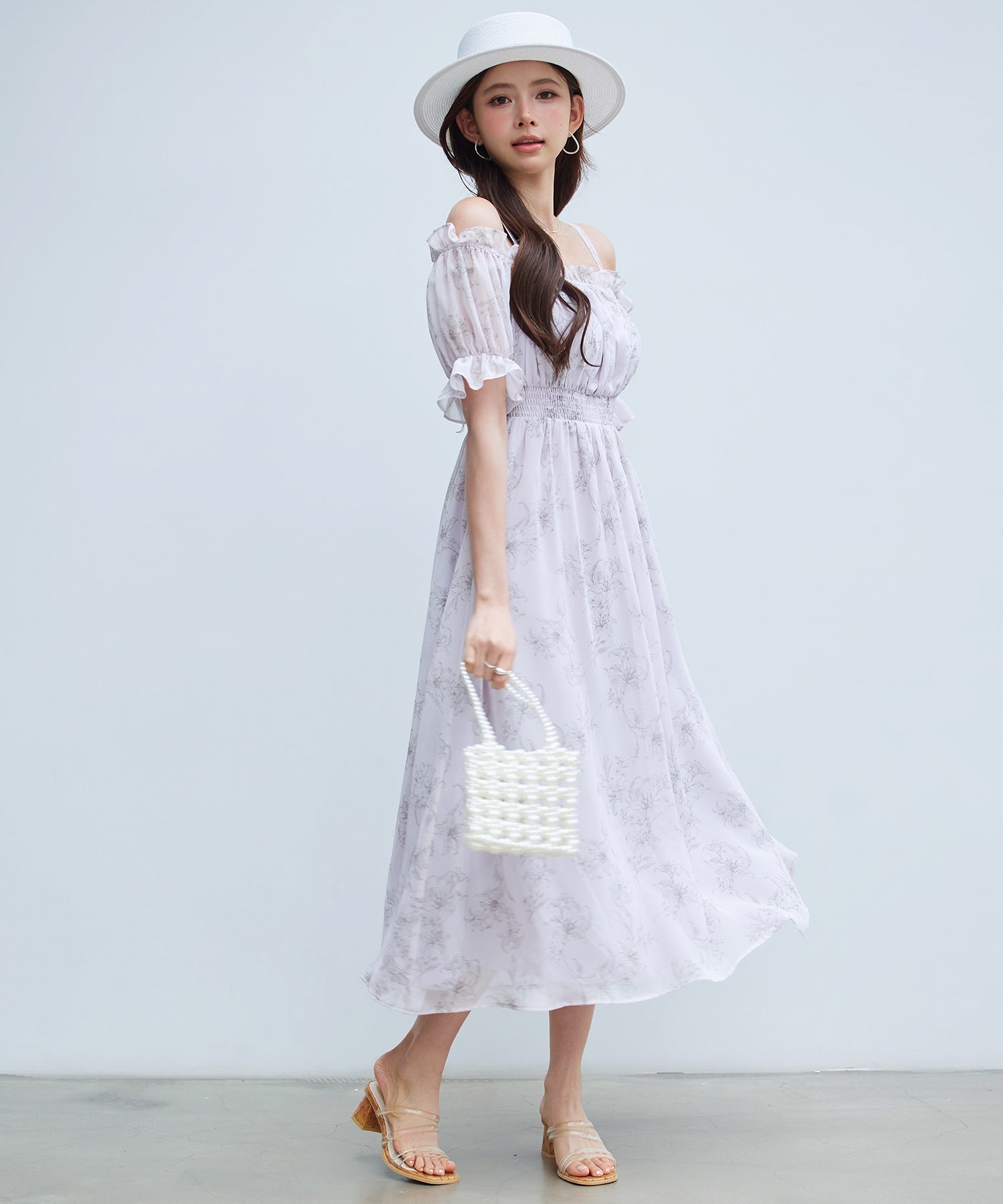 セゾンドパピヨン SAISON DE PAPILLON オフショルダー花柄シフォンワンピース （ラベンダー） ラベンダー