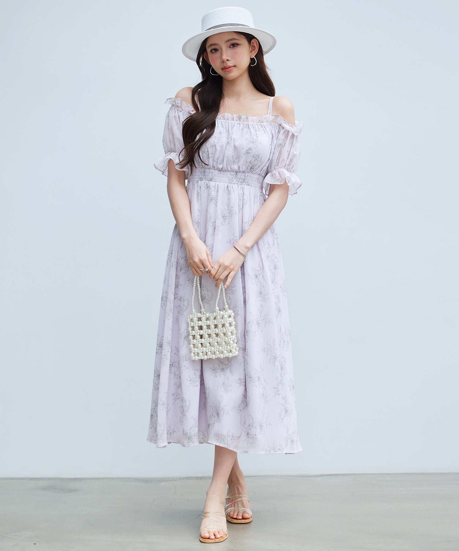 セゾンドパピヨン SAISON DE PAPILLON オフショルダー花柄シフォンワンピース （ラベンダー） ラベンダー