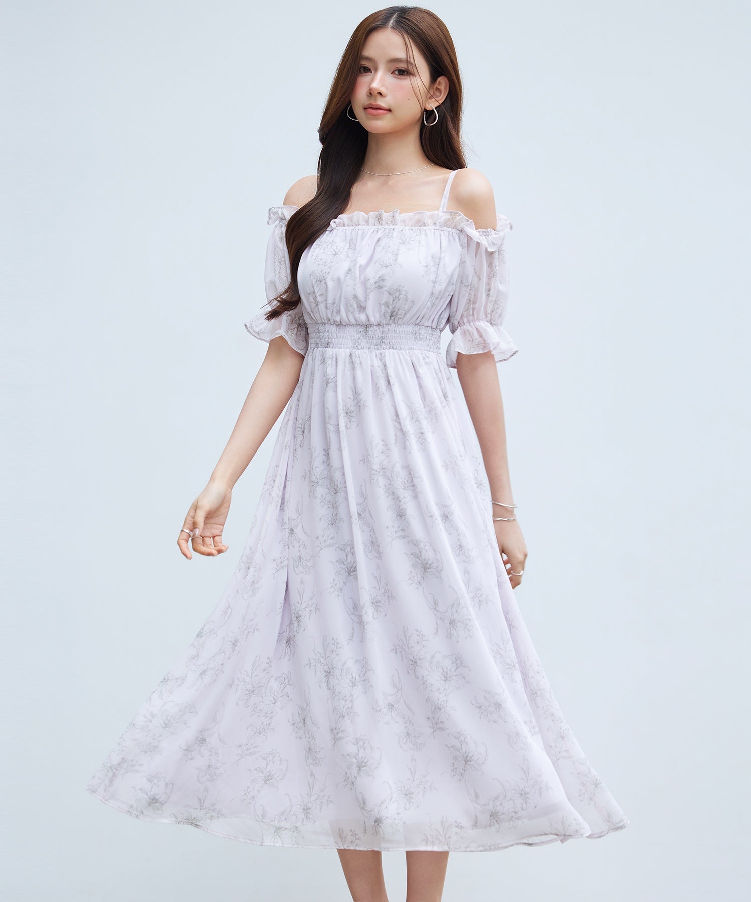 セゾンドパピヨン SAISON DE PAPILLON オフショルダー花柄シフォンワンピース （ラベンダー） ラベンダー