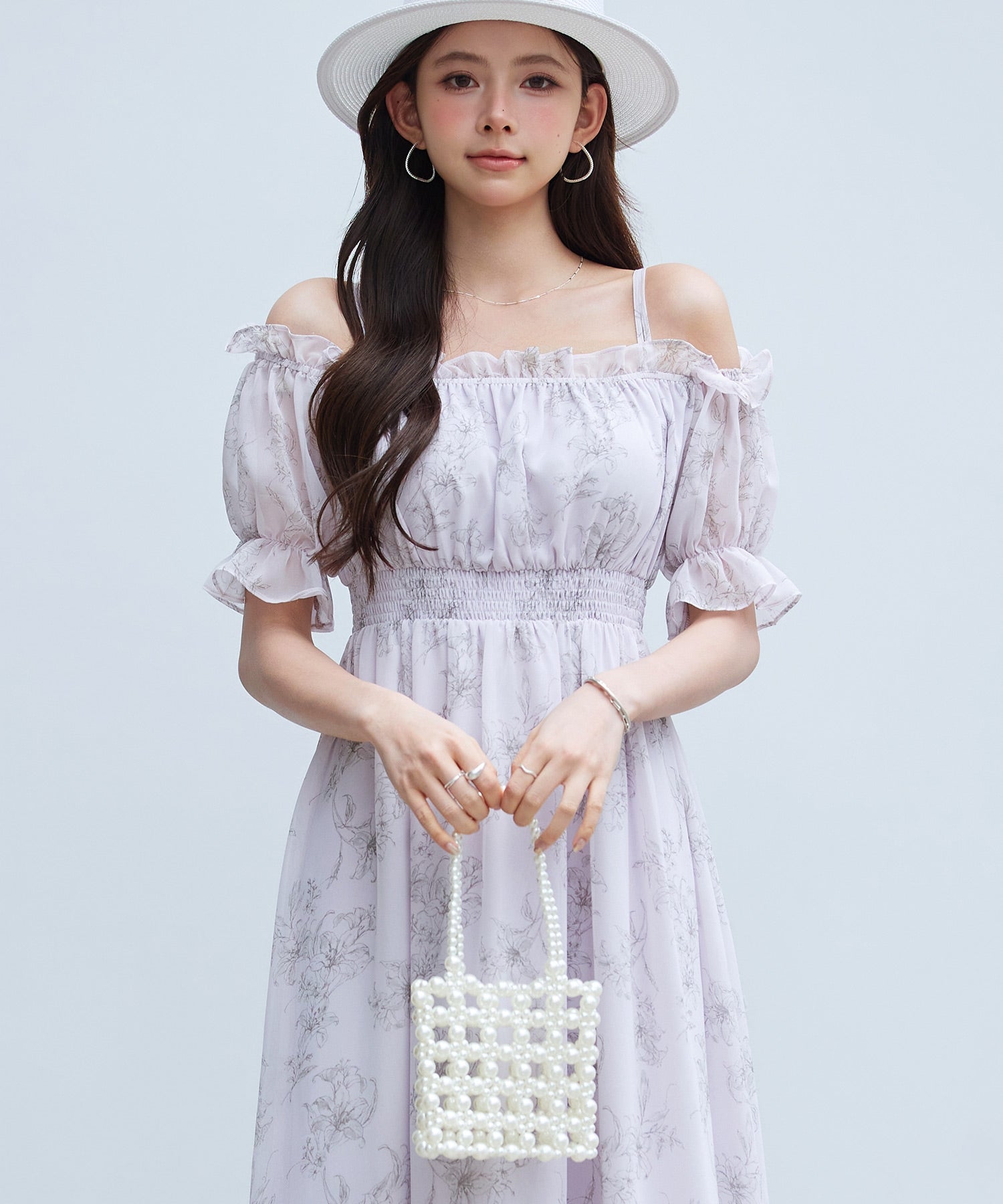 セゾンドパピヨン SAISON DE PAPILLON オフショルダー花柄シフォンワンピース （ラベンダー） ラベンダー