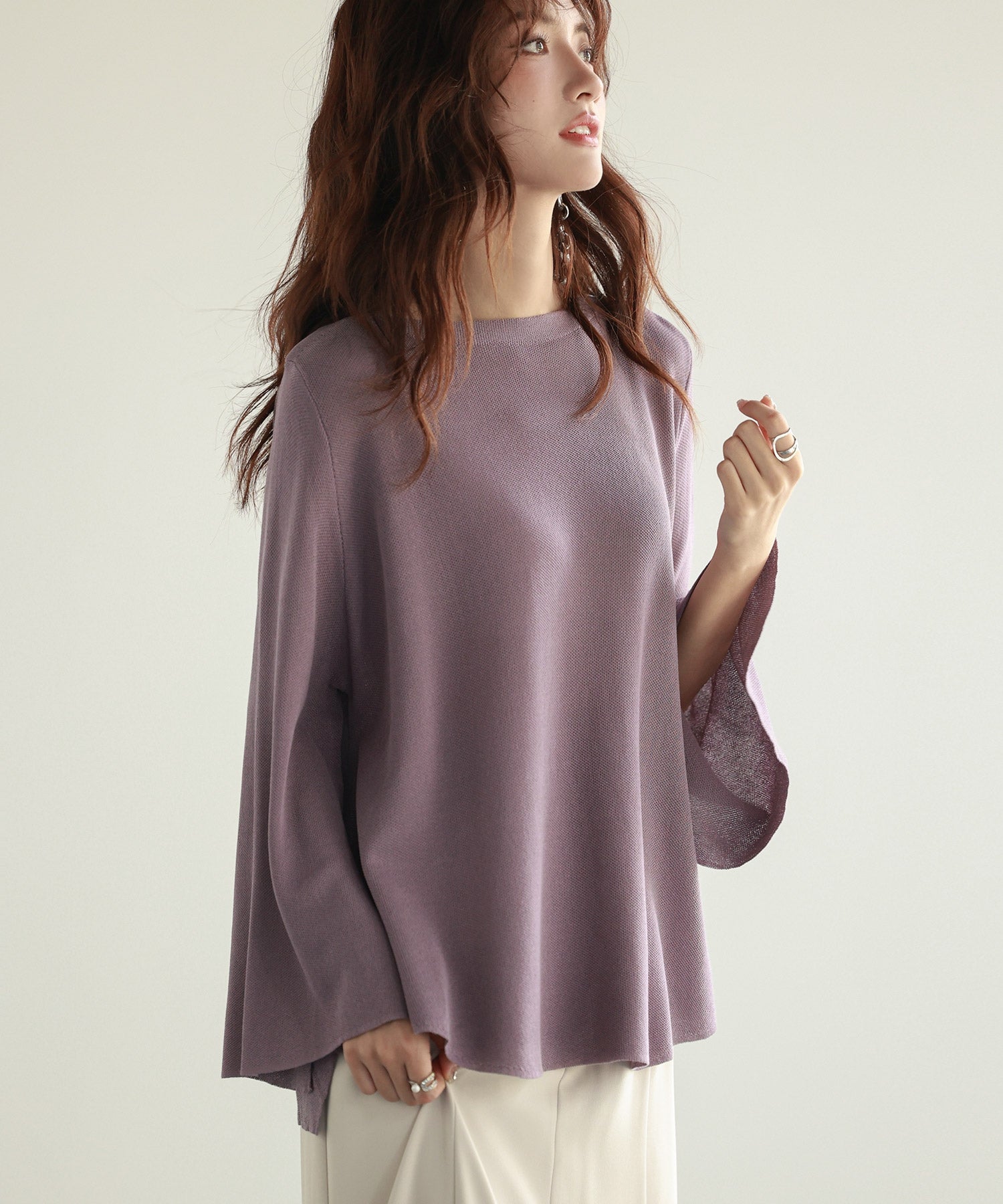 セゾンドパピヨン SAISON DE PAPILLON ビックシルエットフレアスリーブサマーニットプルオーバー （パープル） パープル