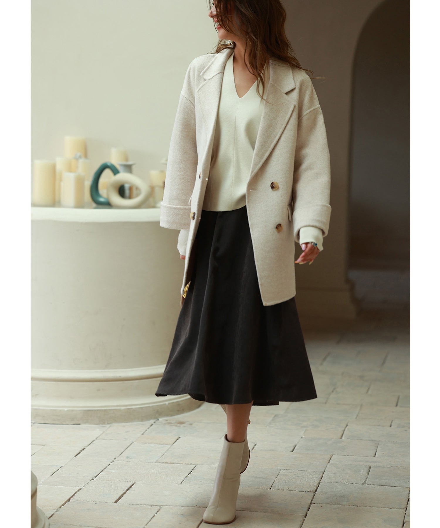 セゾン ド パピヨン/ウール混ダブルフェイスPコート セゾンドパピヨン SAISON DE PAPILLON ウール混ダブルフェイスPコート