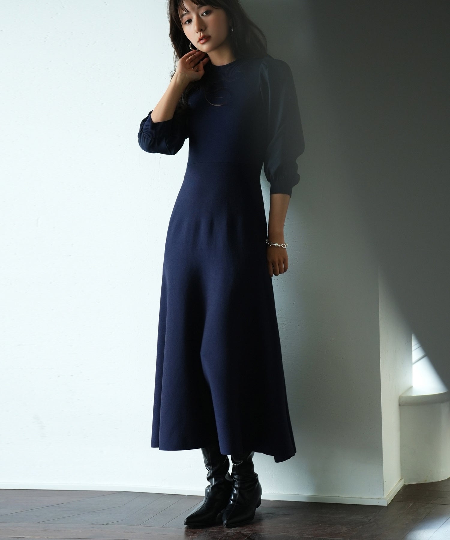 セゾンドパピヨン SAISON DE PAPILLON Aラインドッキングニットワンピース （ネイビー） ネイビー