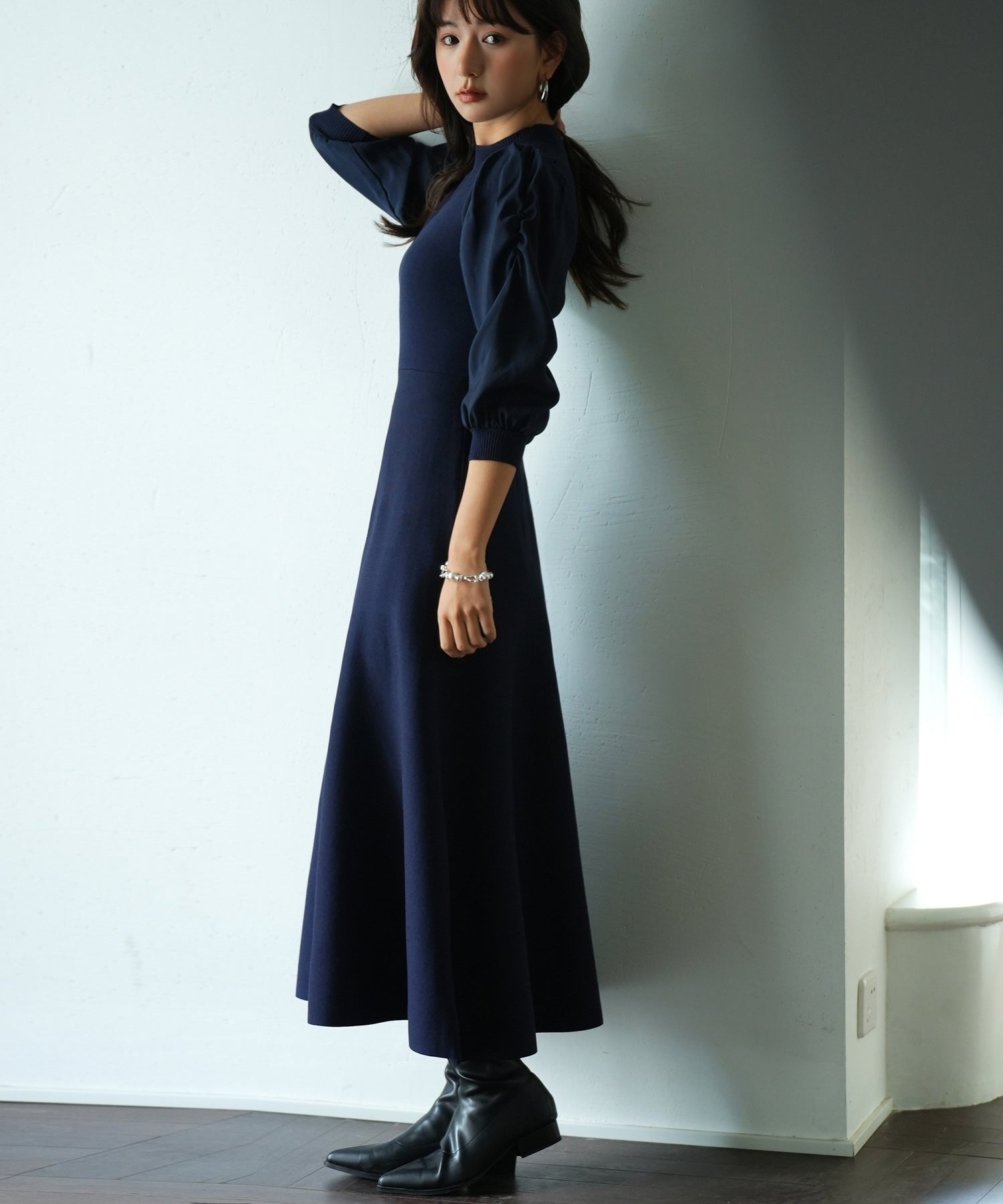 セゾンドパピヨン SAISON DE PAPILLON Aラインドッキングニットワンピース （ネイビー） ネイビー