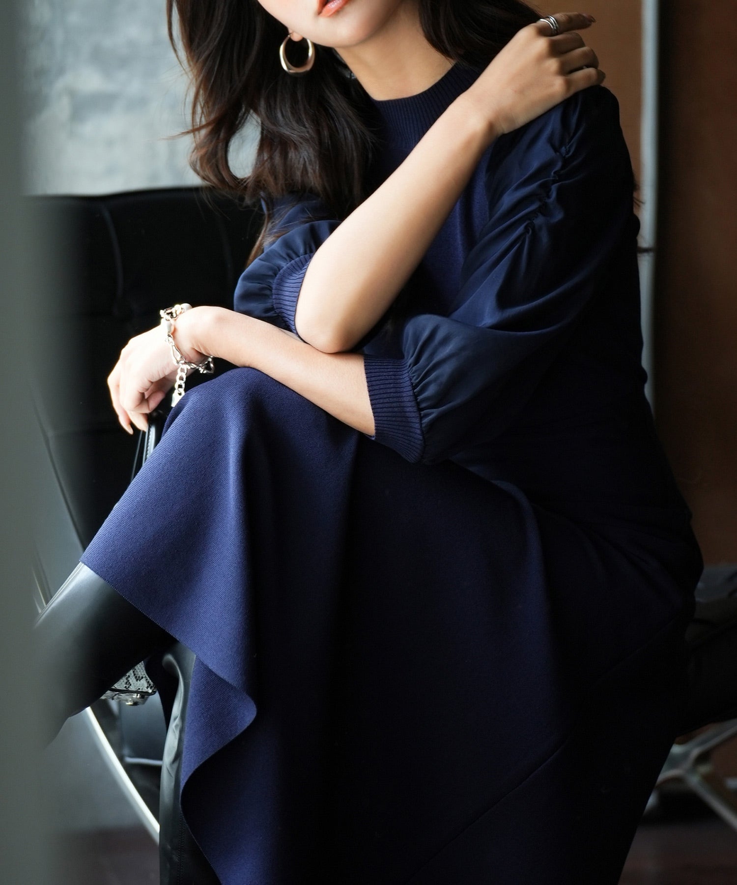 セゾンドパピヨン SAISON DE PAPILLON Aラインドッキングニットワンピース （ネイビー） ネイビー