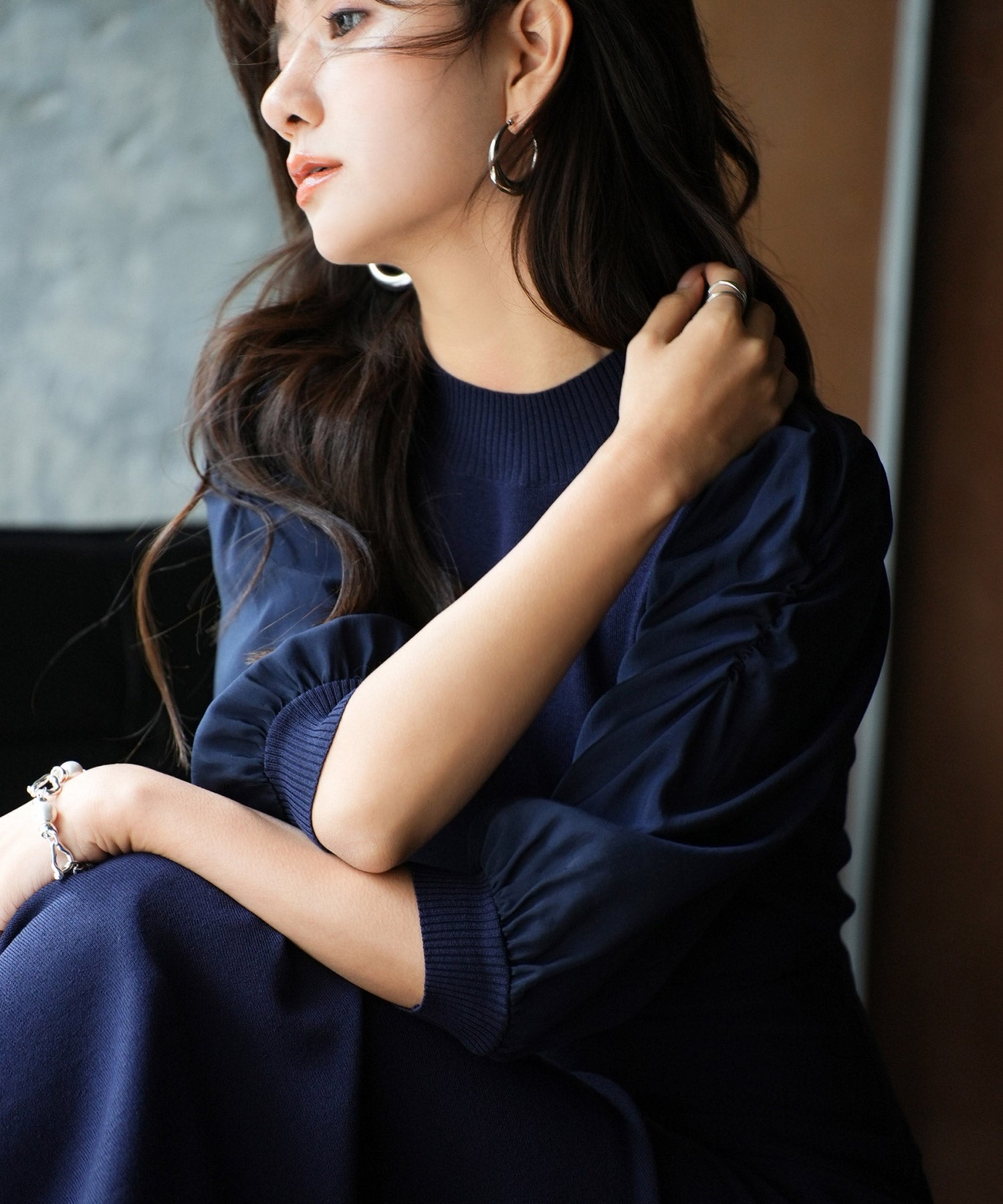 セゾンドパピヨン SAISON DE PAPILLON Aラインドッキングニットワンピース （ネイビー） ネイビー