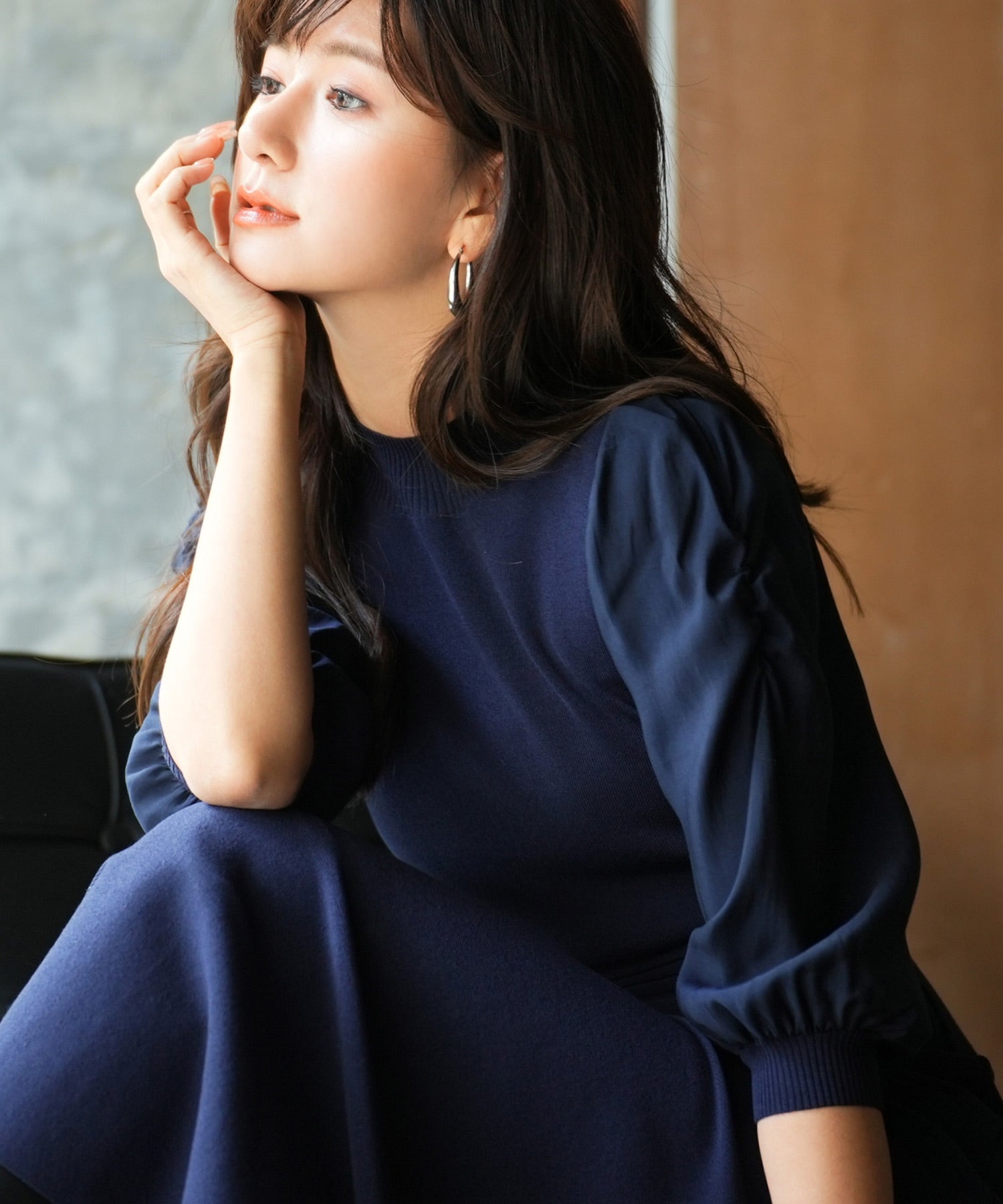 セゾンドパピヨン SAISON DE PAPILLON Aラインドッキングニットワンピース （ネイビー） ネイビー