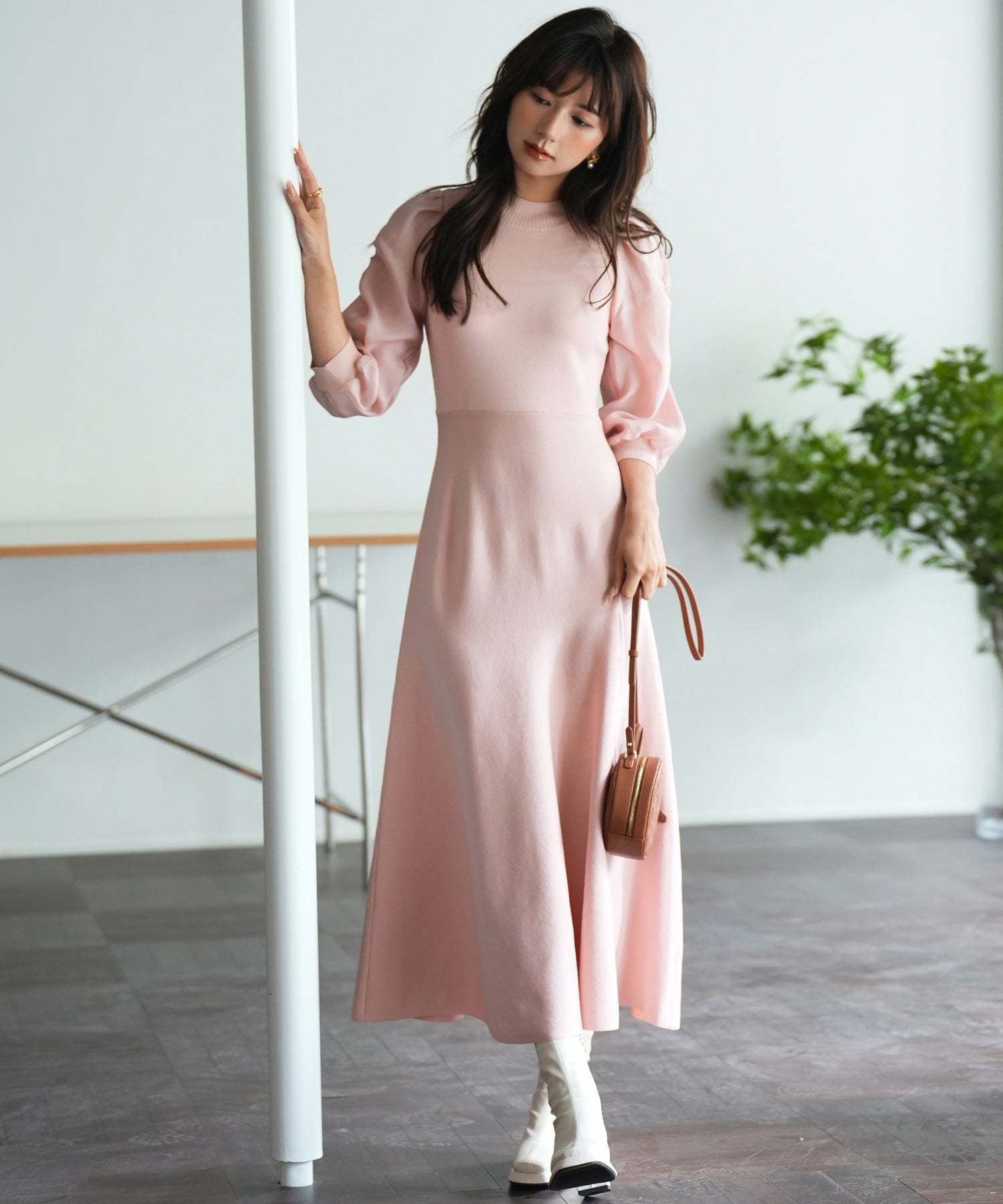 セゾンドパピヨン SAISON DE PAPILLON Aラインドッキングニットワンピース （ピンク） ピンク