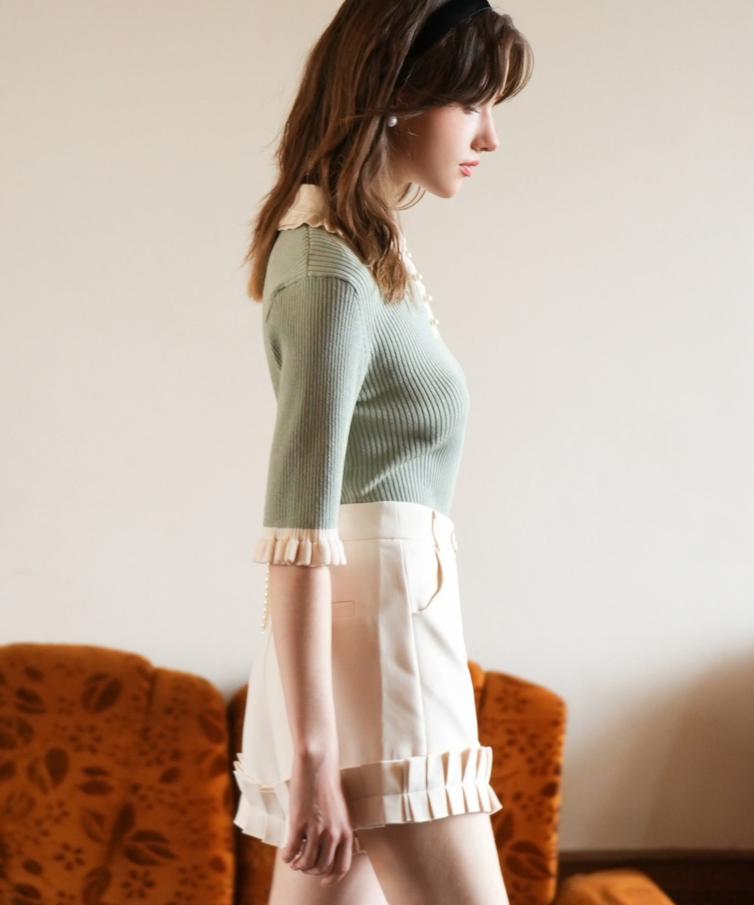 セゾンドパピヨン SAISON DE PAPILLON 七分袖配色リブニットプルオーバー （グリーン） グリーン