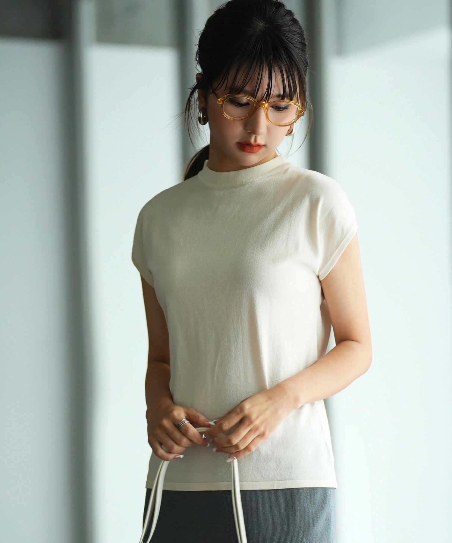 セゾンドパピヨン SAISON DE PAPILLON 【接触冷感】ベーシックフレンチスリーブサマーニット
