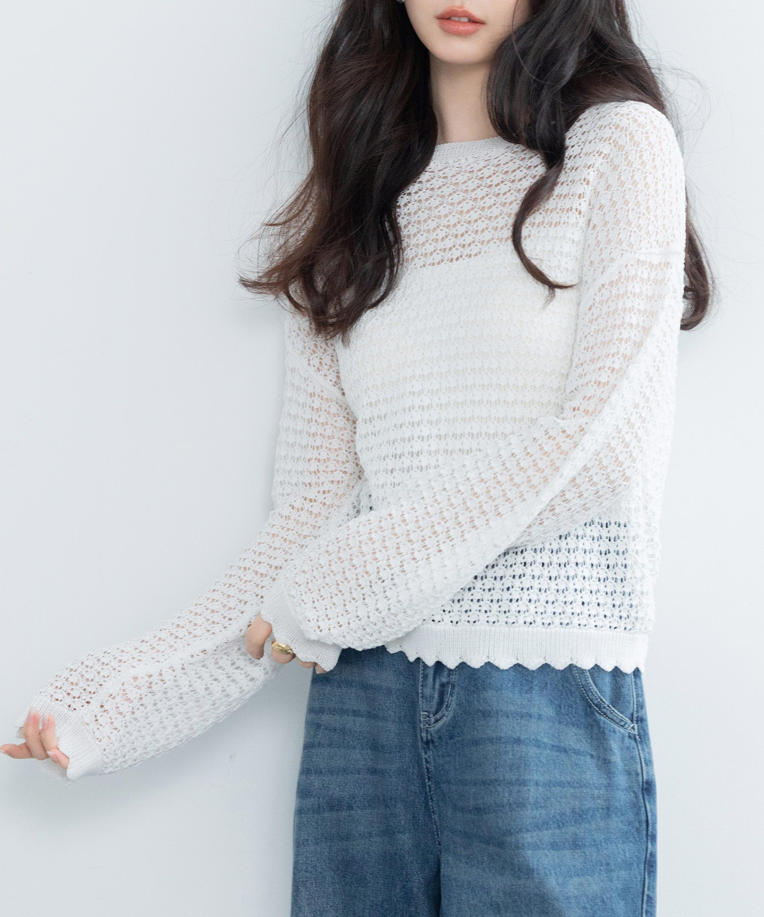 セゾンドパピヨン SAISON DE PAPILLON スカラップ編み透かしニットプルオーバー （ホワイト） ホワイト