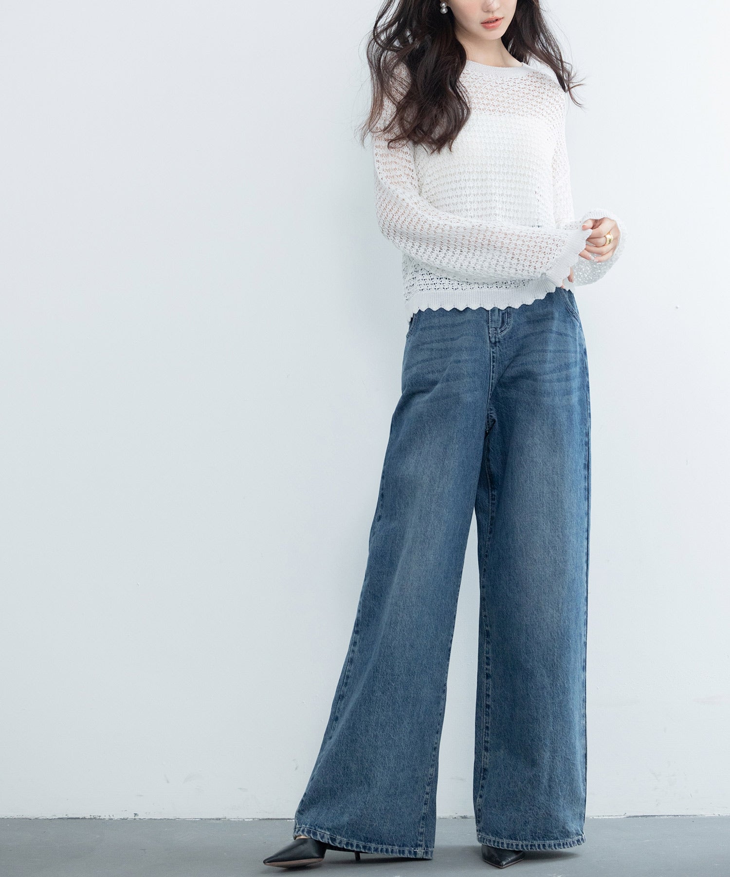 セゾンドパピヨン SAISON DE PAPILLON スカラップ編み透かしニットプルオーバー （ホワイト） ホワイト