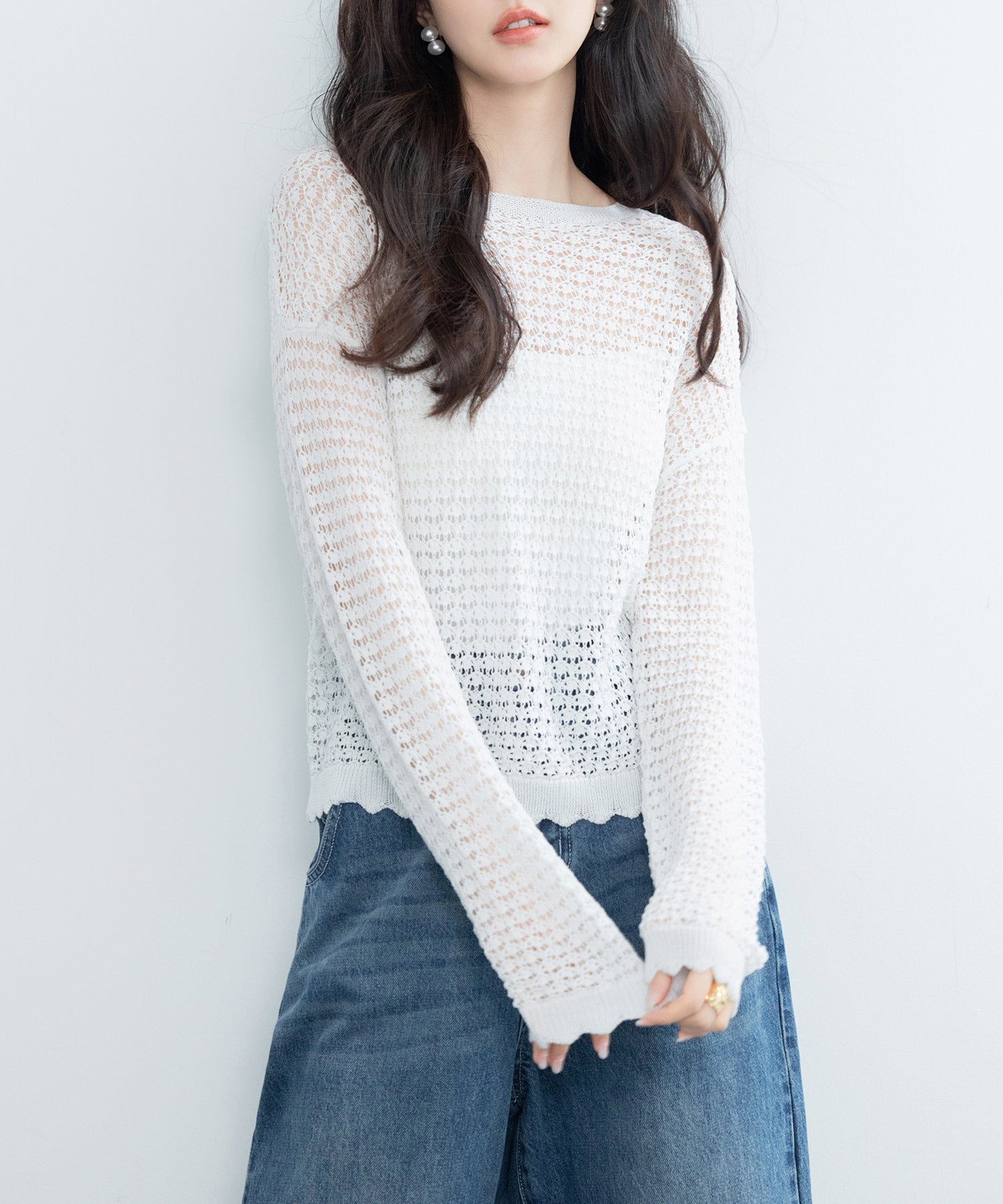 セゾンドパピヨン SAISON DE PAPILLON スカラップ編み透かしニットプルオーバー （ホワイト） ホワイト