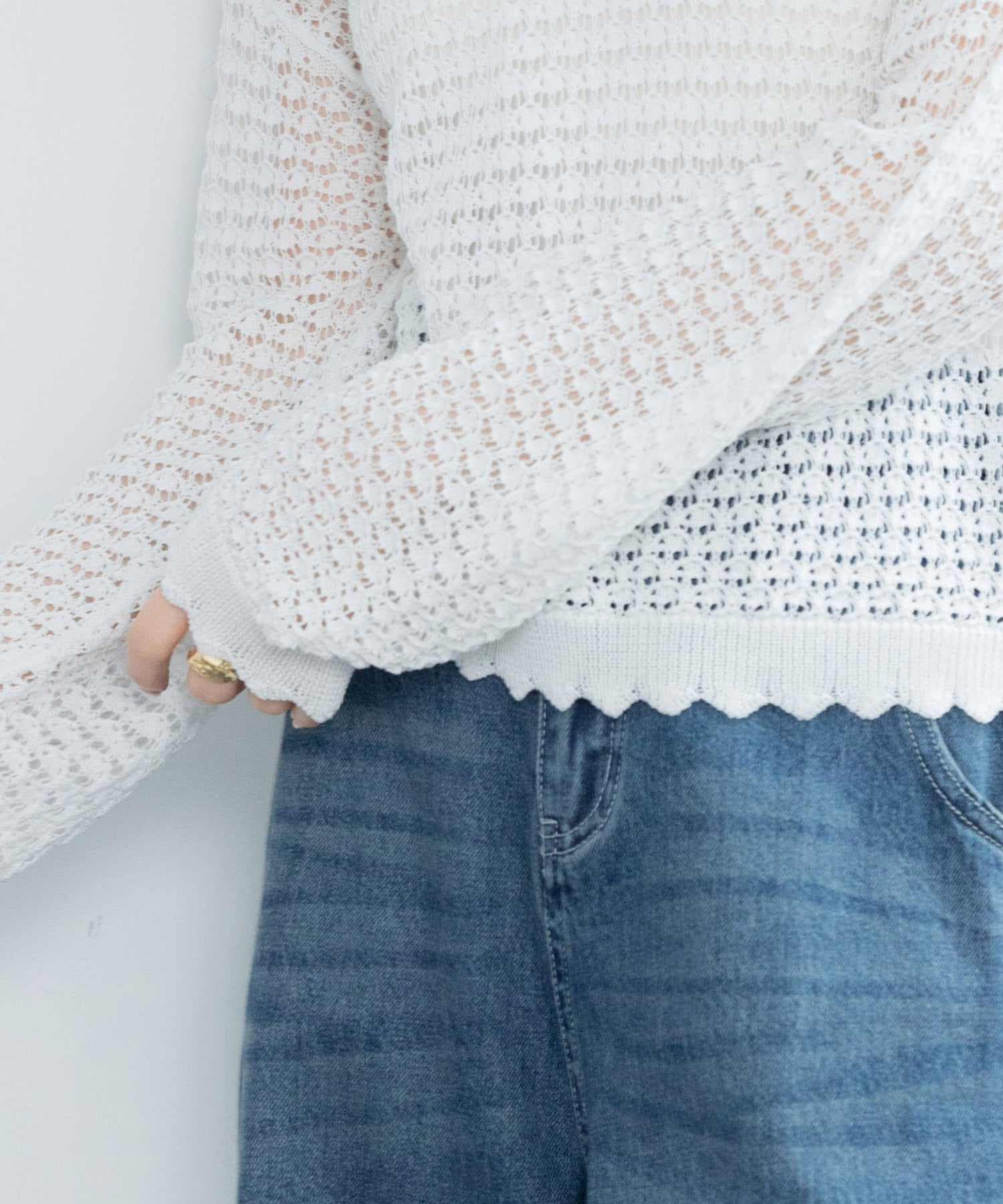 セゾンドパピヨン SAISON DE PAPILLON スカラップ編み透かしニットプルオーバー （ホワイト） ホワイト