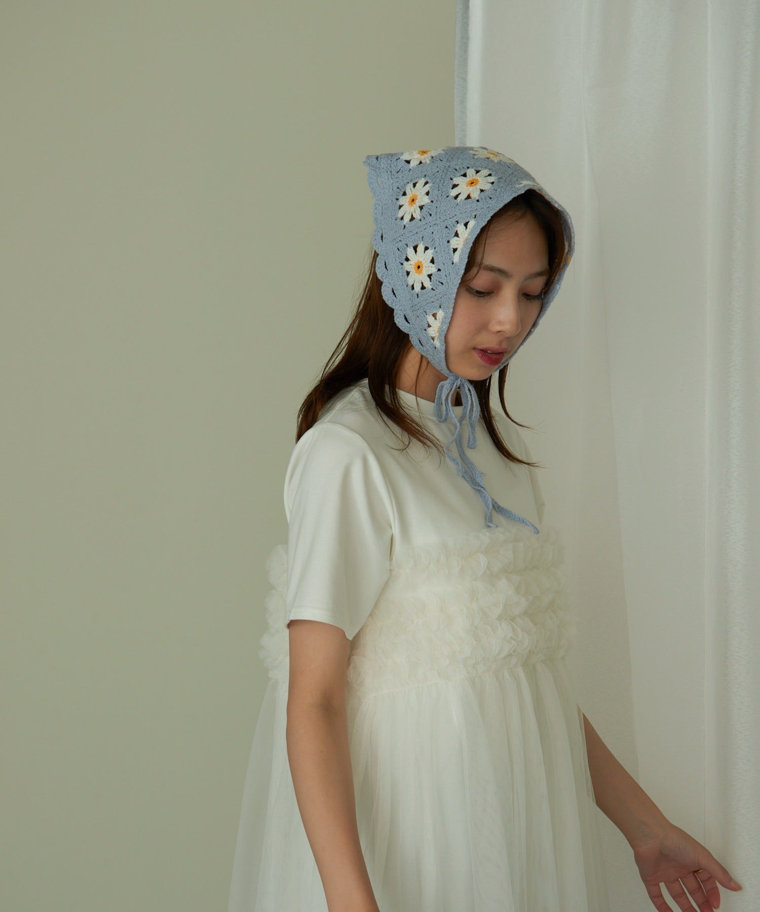 セットアップセブン SETUP7 【SETUP7】フラワー編みバンダナスカーフ ヘアアクセサリー フラワークロシェ ヘッドスカーフ バブーシュカ KNF （ライトブルー） ライトブルー