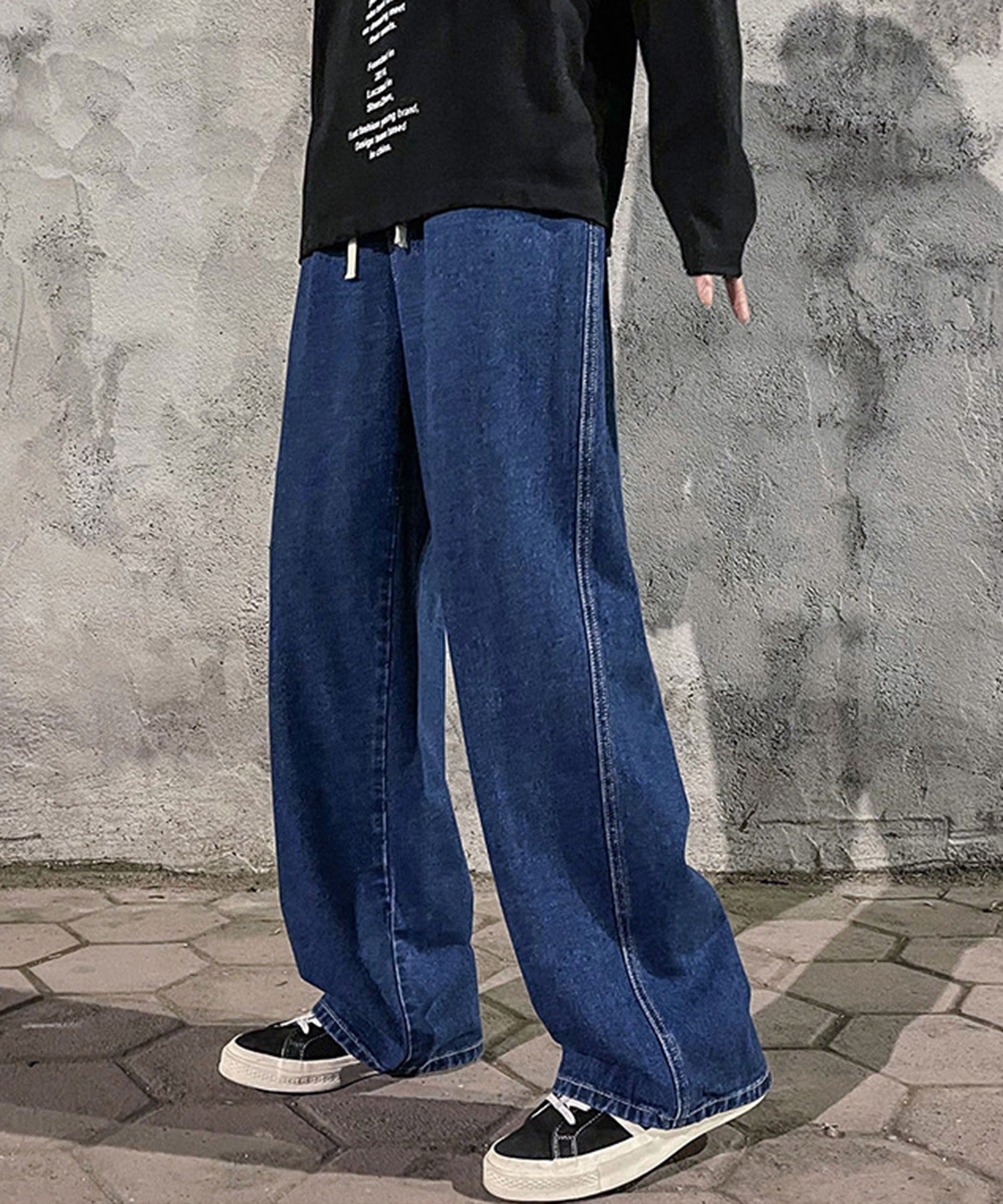 【SETUP7】イージーパンツ ワイドシルエット ストレートパンツ ケミカルウォッシュ デニムパンツ ルーズシルエット ウエストゴム SCCH150 （ネイビー） ネイビー