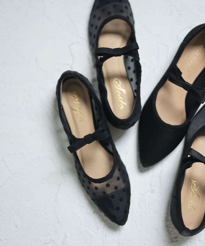 SESTO Flock Dot Sheer Ribbon Strap Low Heel Mary Jane Pumps