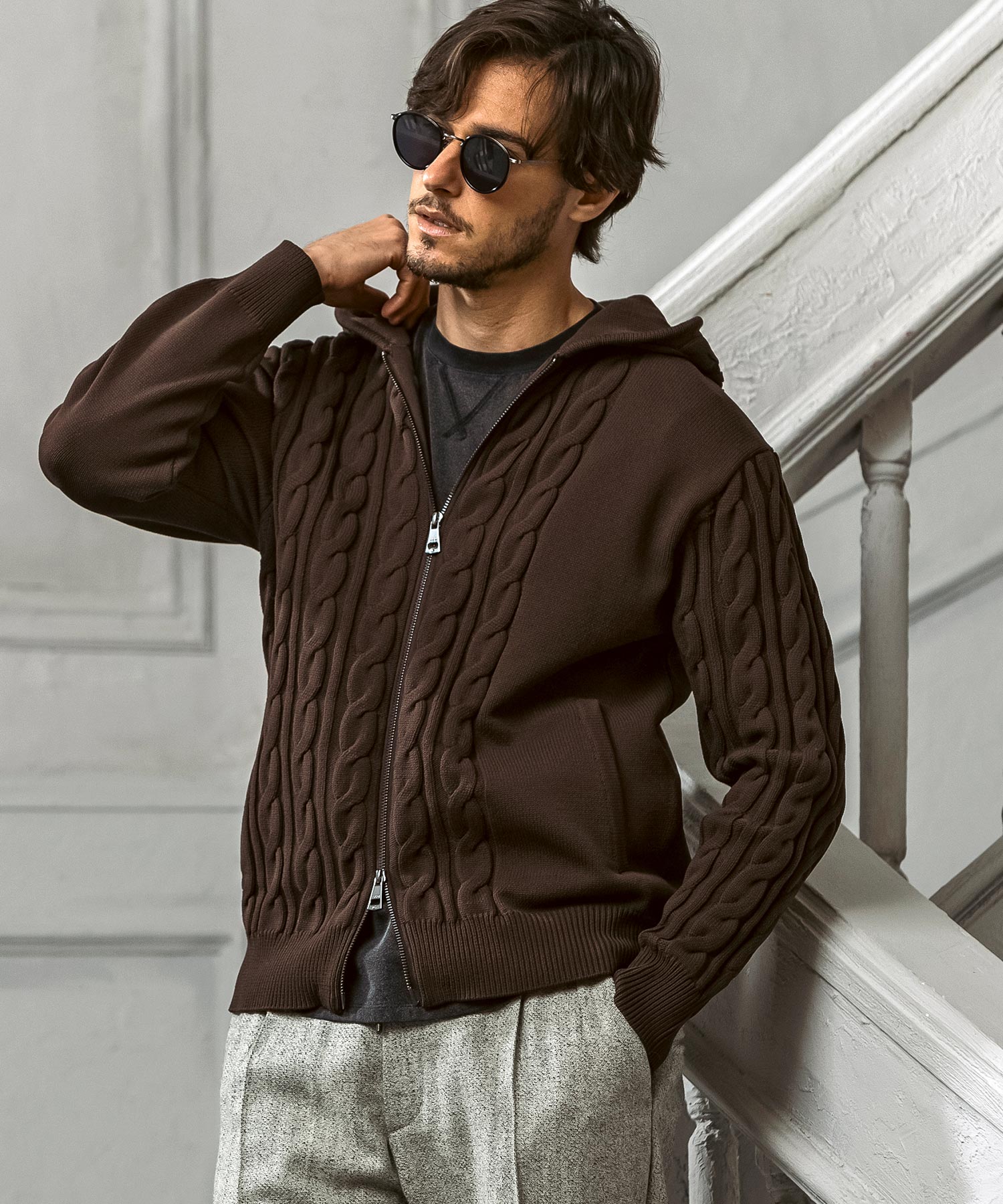 AKM Contemporary Crazy Pattern Side Cable Knit Parka