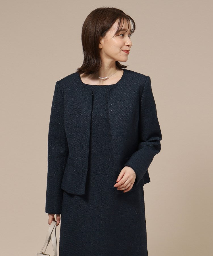 シューラルー SHOO・LA・RUE 【Sー3L/通勤/セレモニー】女性らしいハートネック パイピング ツイードジャケット （ダークネイビー(494)） ダークネイビー(494)