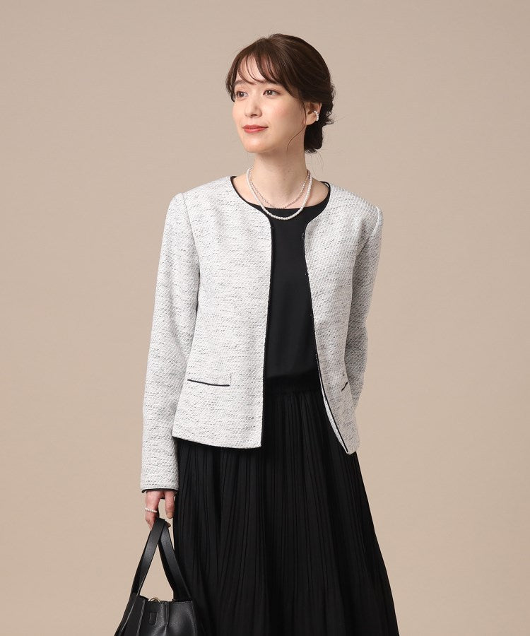シューラルー SHOO・LA・RUE 【Sー3L/通勤/セレモニー】女性らしいハートネック パイピング ツイードジャケット （ダークネイビー(494)） ダークネイビー(494)