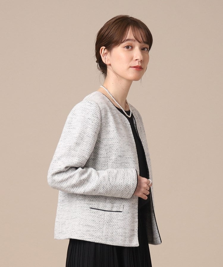 シューラルー SHOO・LA・RUE 【Sー3L/通勤/セレモニー】女性らしいハートネック パイピング ツイードジャケット （ダークネイビー(494)） ダークネイビー(494)