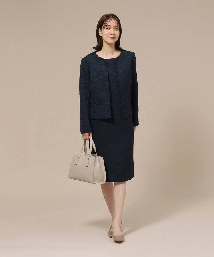 シューラルー SHOO・LA・RUE 【Sー3L/通勤/セレモニー】女性らしいハートネック パイピング ツイードジャケット （ダークネイビー(494)） ダークネイビー(494)