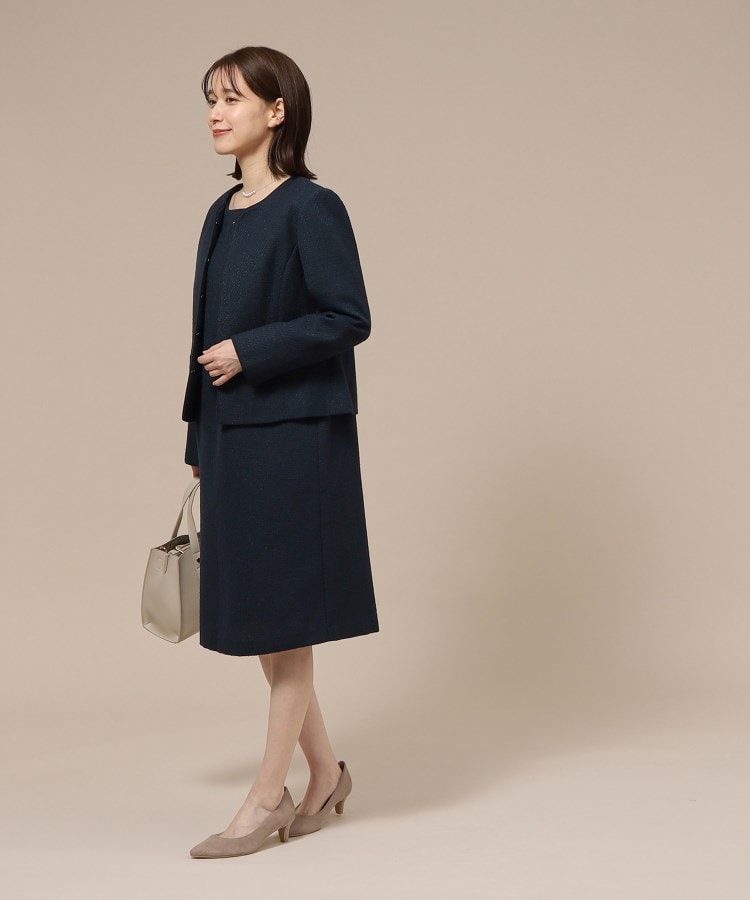 シューラルー SHOO・LA・RUE 【Sー3L/通勤/セレモニー】女性らしいハートネック パイピング ツイードジャケット （ダークネイビー(494)） ダークネイビー(494)